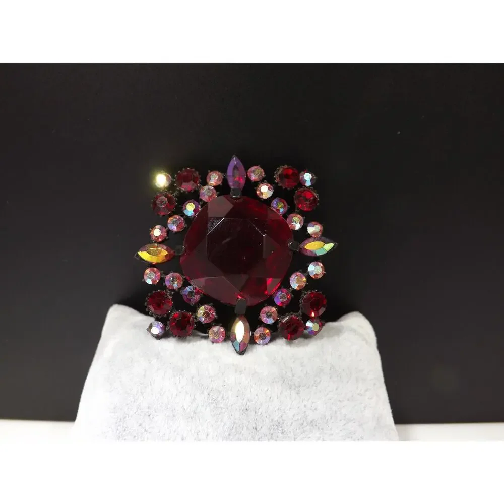 Red Large Rhinestone Aurora Borealis Brooch, Japanned Black Enamel 1970s Vintage